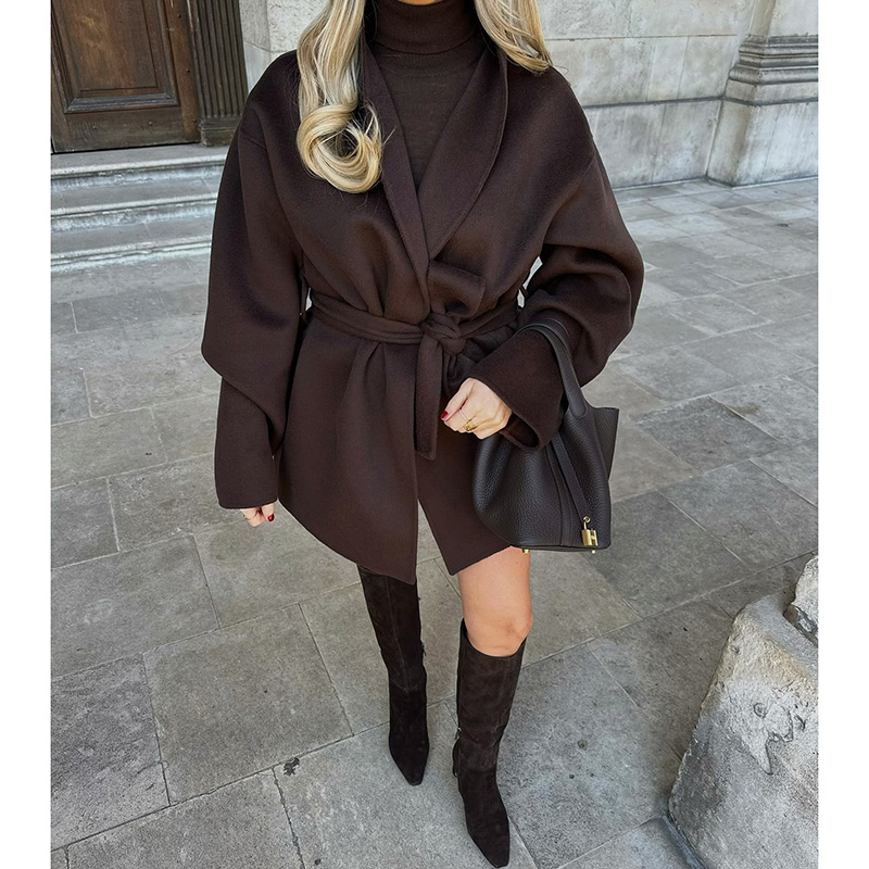 Sewing V - Fashion Woolen Single Breasted Belts Coat