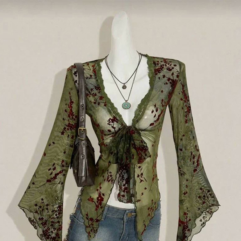 Sewing V - MEXZT Vintage Floral Mesh Shirts Women