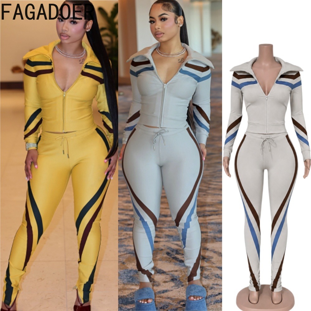 Sewing Jackets - FAGADOER Women 2 Piece Tracksuit Color