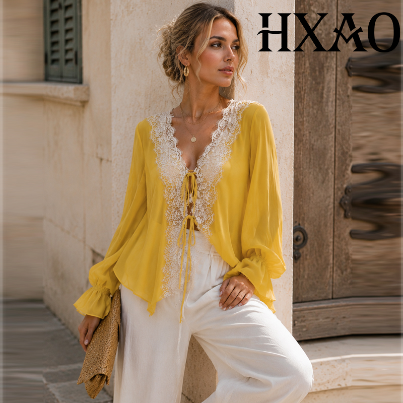 HXAO Ties Lace Up Women's Blou - Sewing V recension och pris